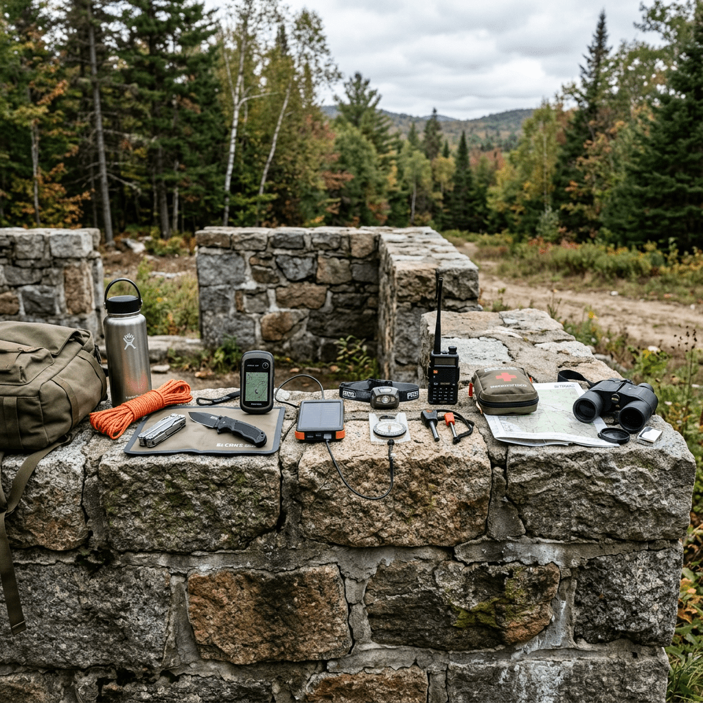 Outdoor survival gear including backpack, water bottle, knife, GPS, solar charger, headlamp, compass, radio, first aid kit, map, and binoculars on stone wall