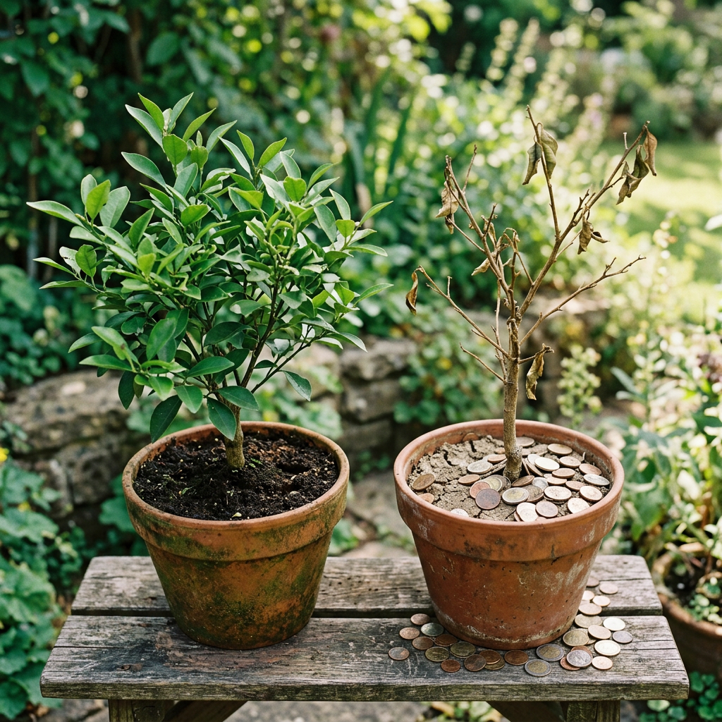 Two potted plants side by side, one healthy and green, the other dry withered with coins around the base