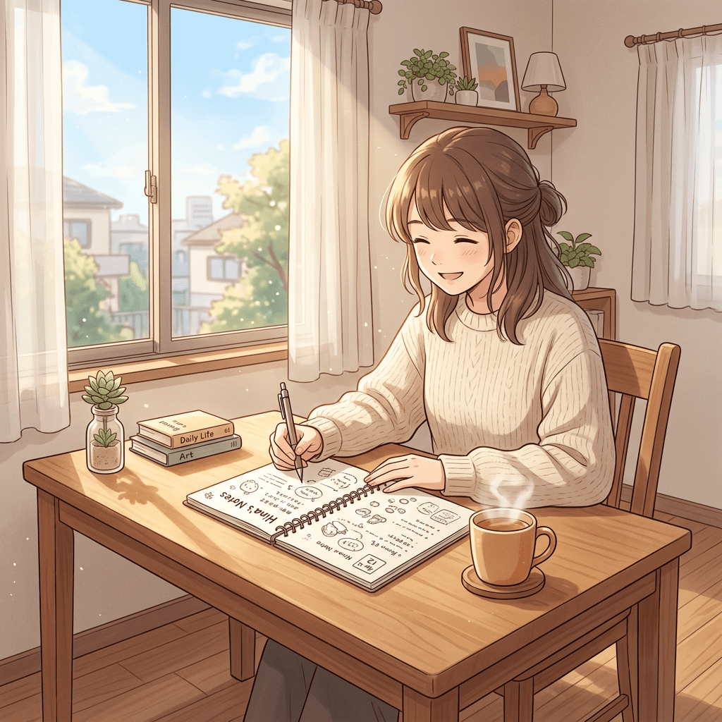 Young woman writing notes in a notebook at a wooden table with coffee in a bright room