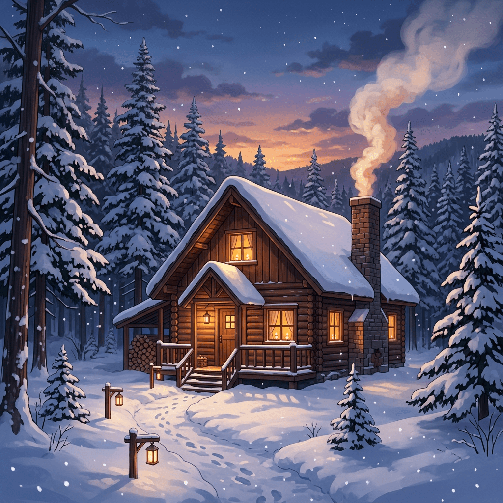 Snow-covered cabin with glowing windows and smoke from chimney in snowy forest at sunset
