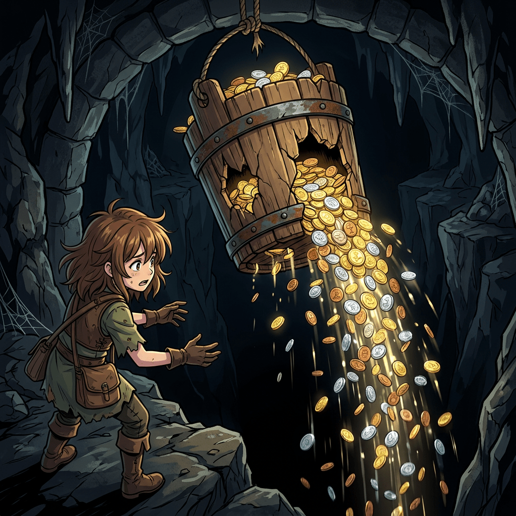 Young adventurer in green clothing reaching out towards spilling gold, silver, and bronze coins falling from a cracked wooden bucket inside a dark cave
