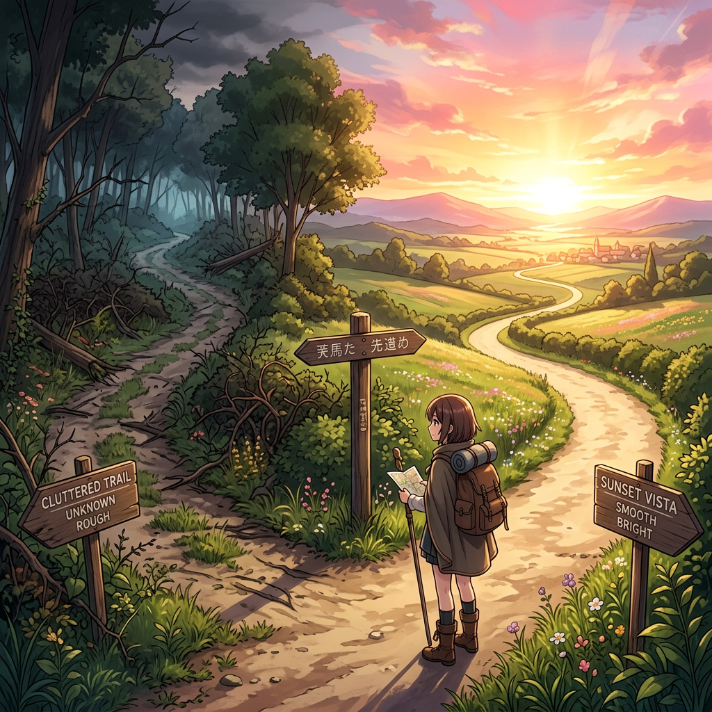 Young person with backpack and walking stick choosing between rough forest trail and bright sunset path