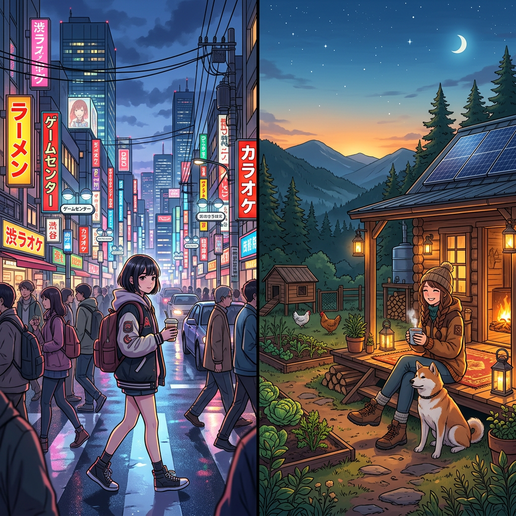 Split scene of a young woman walking in a busy city street at night and a woman sitting outside a cabin with a dog in a rural setting at dusk