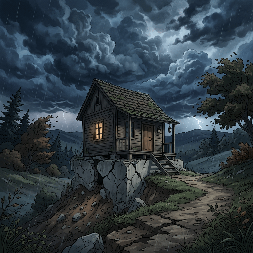 Wooden cabin on rocky hill with lit window during storm and lightning