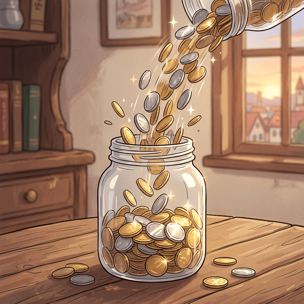 Coins pouring from one glass jar into another on a wooden table with a cozy room background