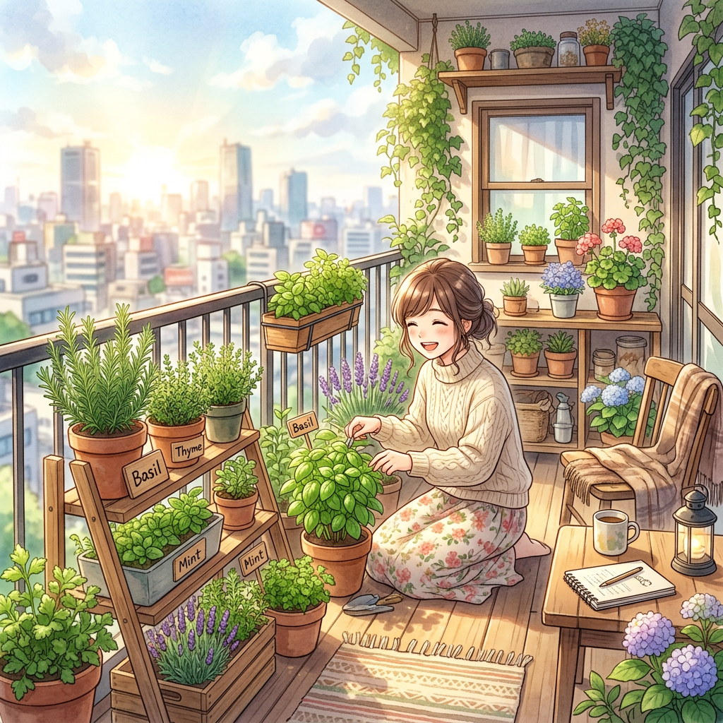 Woman gardening herbs on a city balcony with potted plants at sunrise