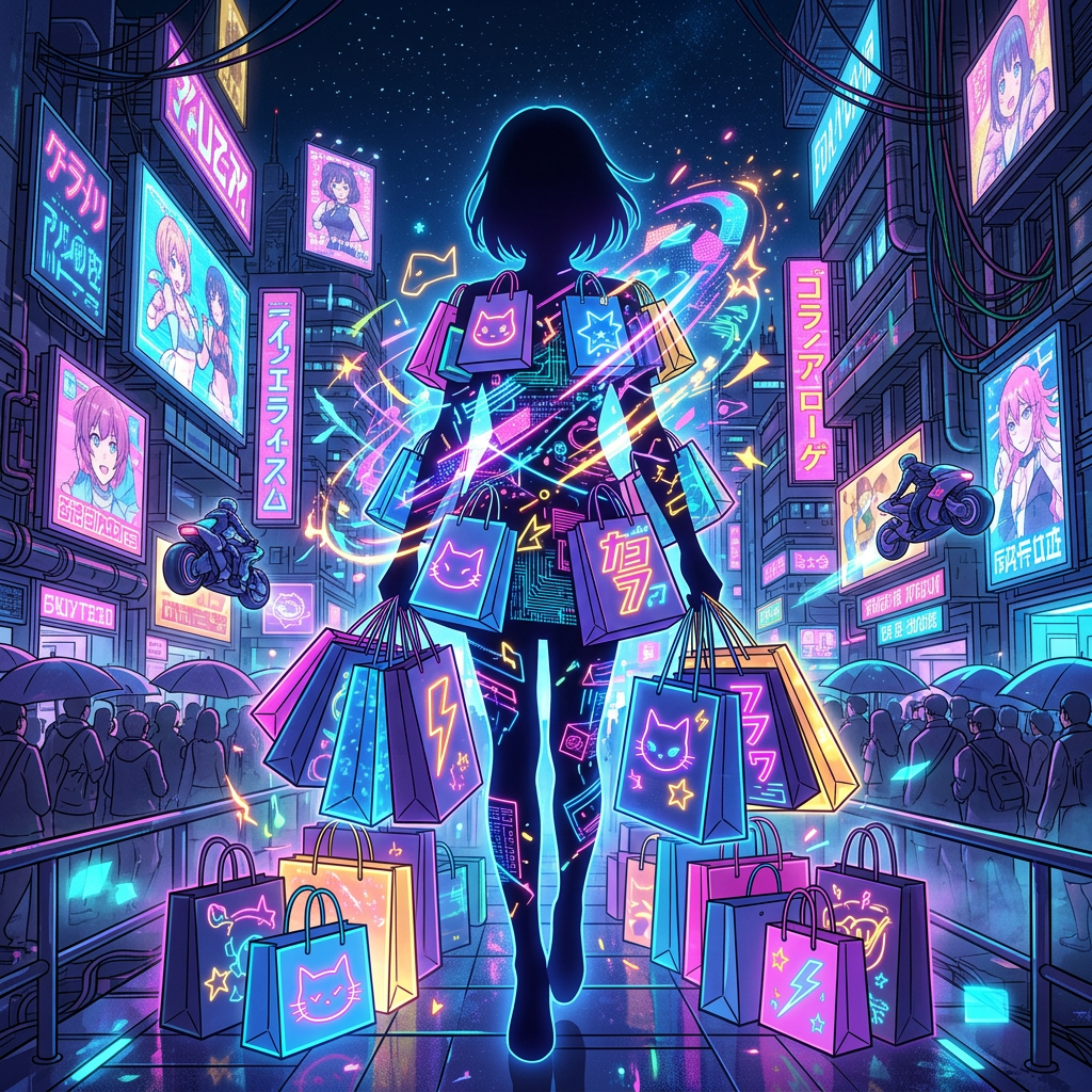 Silhouette of a person carrying glowing shopping bags in a neon city with digital advertisements and motorcycles.