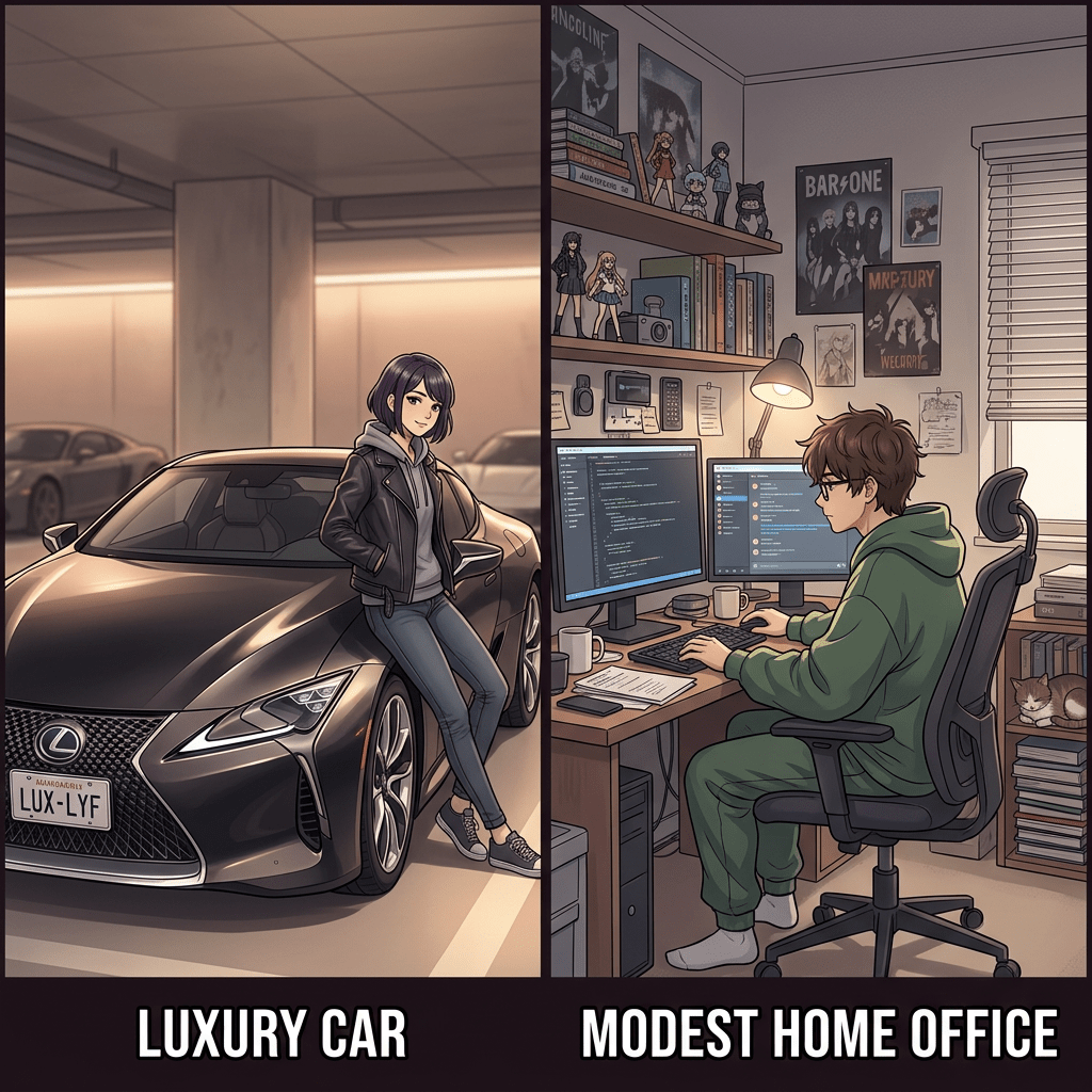 Young woman leaning on a black luxury Lexus car in a parking garage and young man working at a cluttered desk with computer monitors in a modest home office.