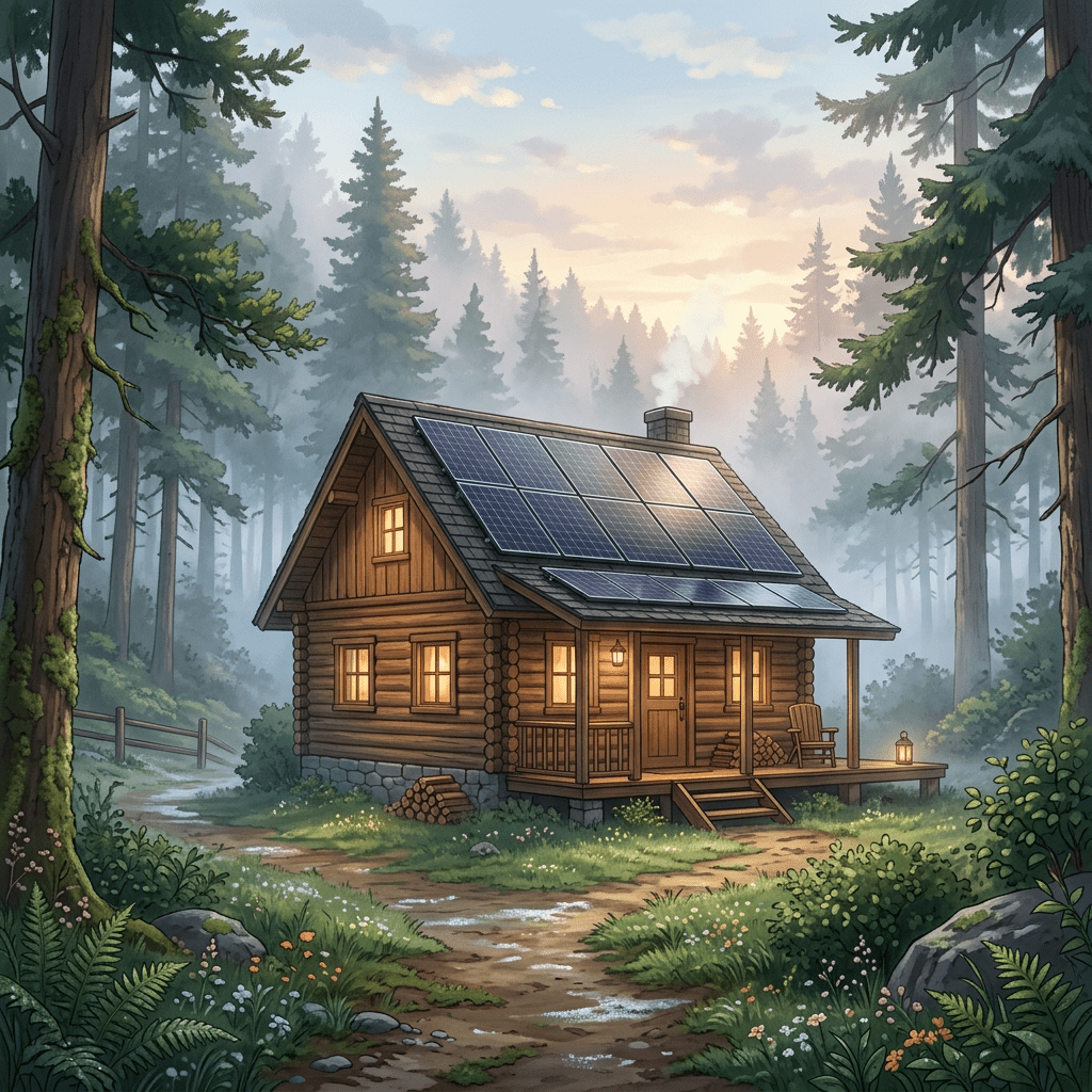 Wooden cabin in forest with solar panels on roof and lights inside