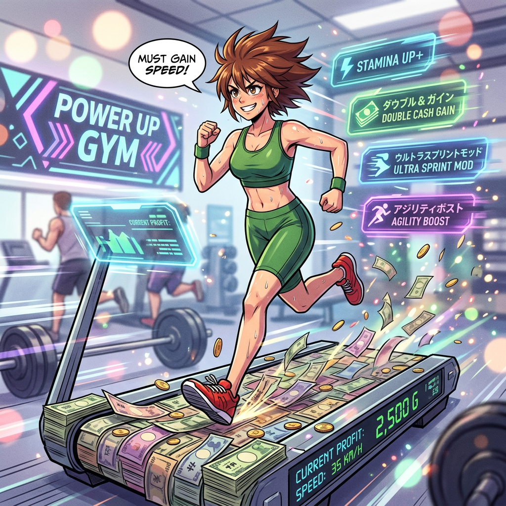 Woman running on a treadmill earning cash and power-ups in a gym