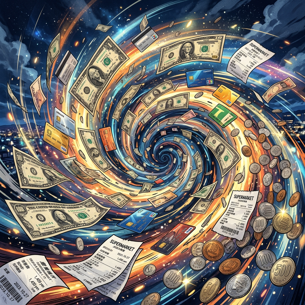 Swirling mix of banknotes, coins, credit cards, and receipts in a cosmic spiral