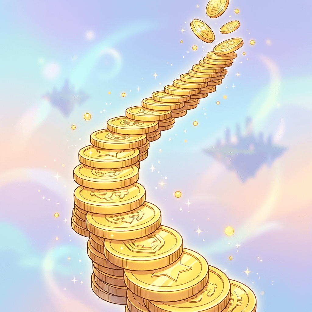 Stack of golden coins spiraling upwards against a pastel sky