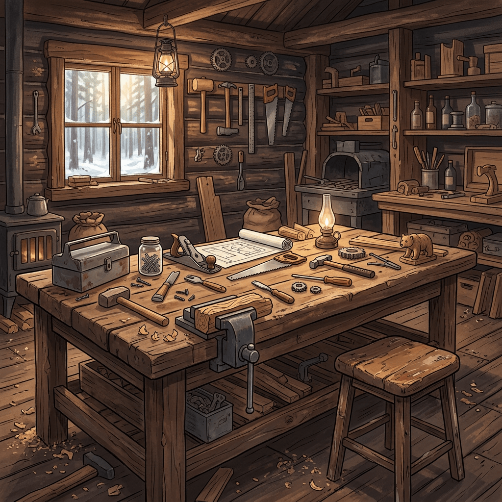 Aktualny obrazek: Woodworking workshop with wooden table, hand tools, plans, and lantern