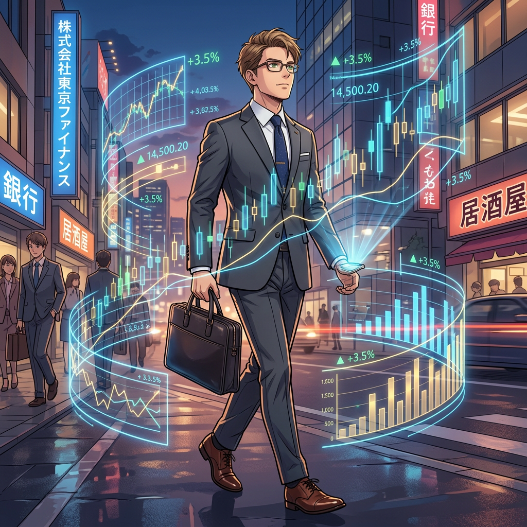 Businessman in suit walking on city street with holographic stock market charts and graphs around him
