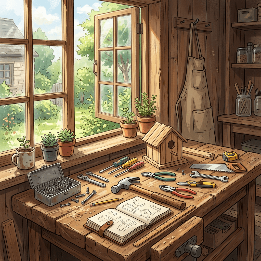 Aktualny obrazek: Woodworking shed table with tools, birdhouse, plants, and open window