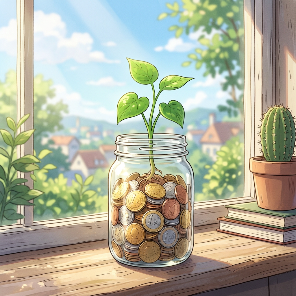 Aktualny obrazek: Glass jar filled with coins and a small green plant growing from it on a wooden windowsill