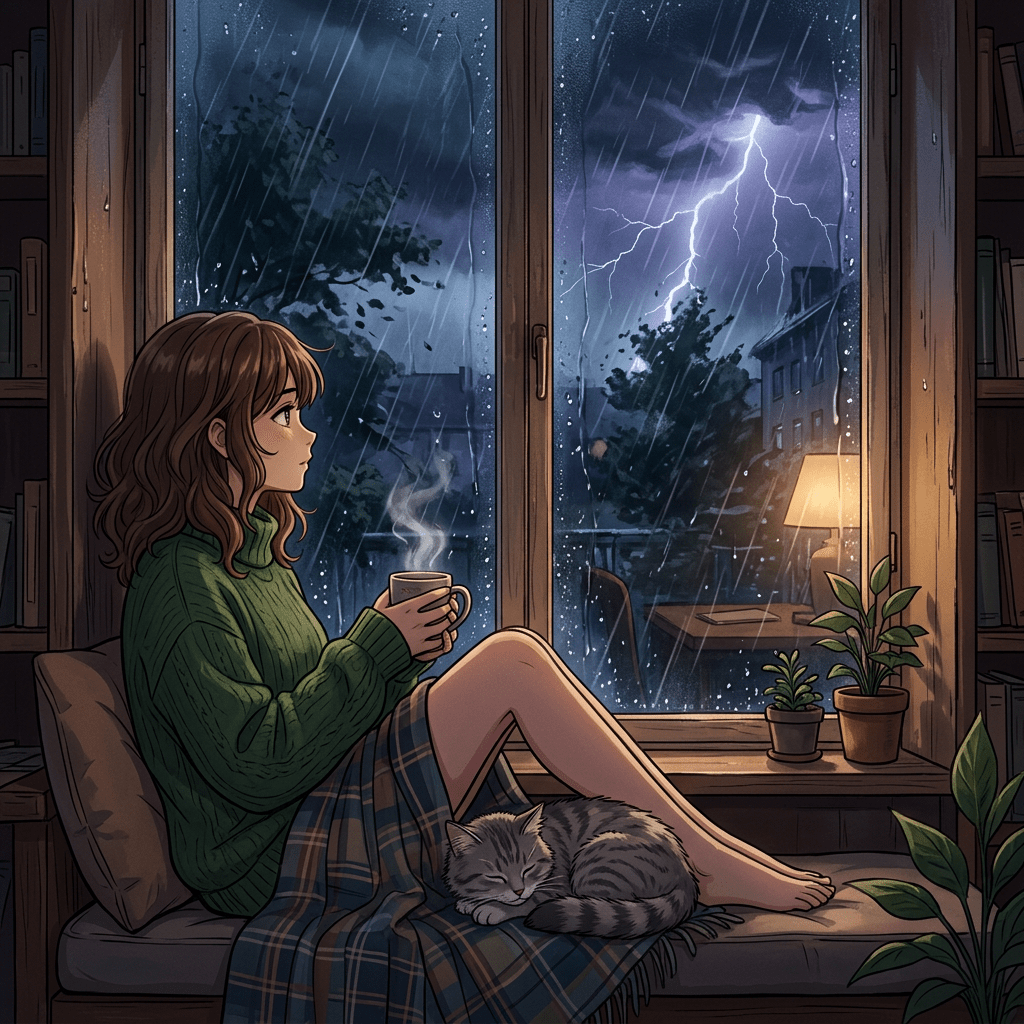 Aktualny obrazek: Girl sitting on window seat holding a steaming cup with a cat curled up on her lap during a rainy thunderstorm