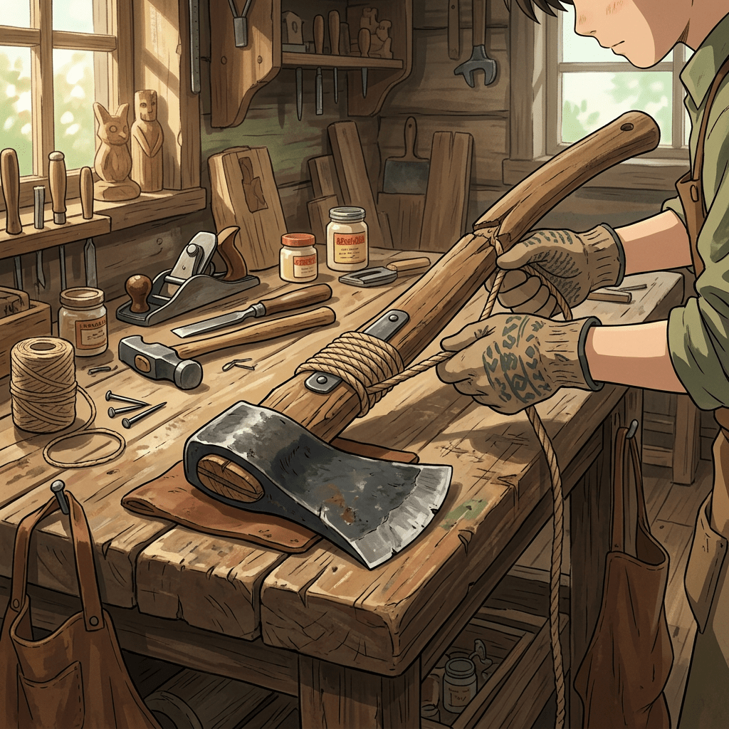 Aktualny obrazek: Hands tying rope around a cracked wooden axe handle on a workbench with woodworking tools
