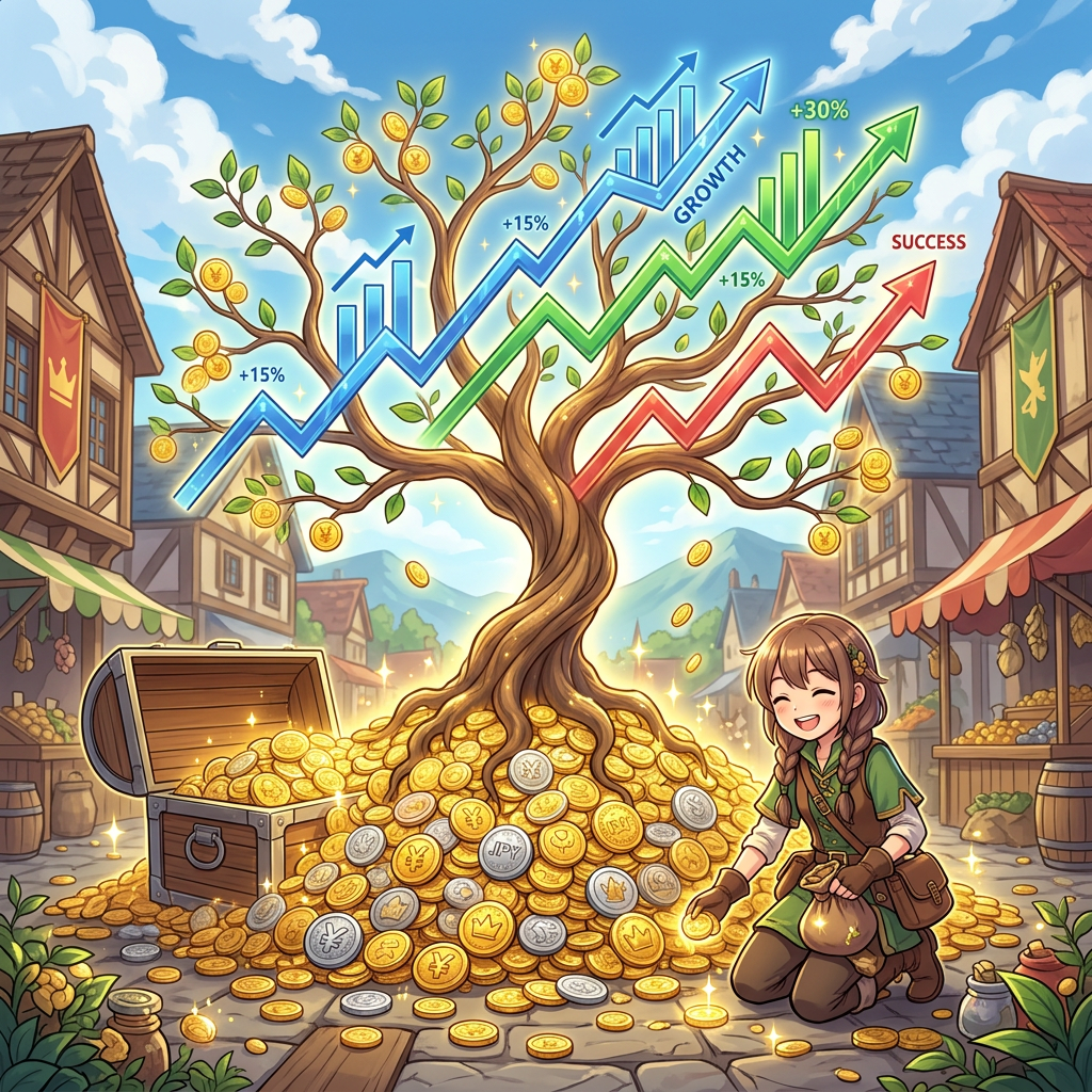 A person kneeling by a money tree with coins and growth charts