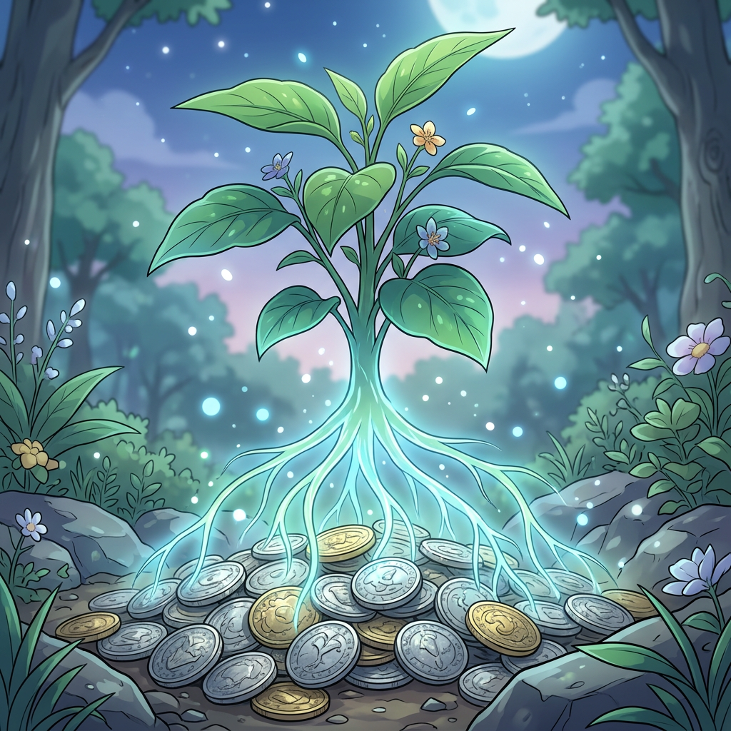 Aktualny obrazek: A plant with glowing roots growing from stacked gold and silver coins surrounded by forest.