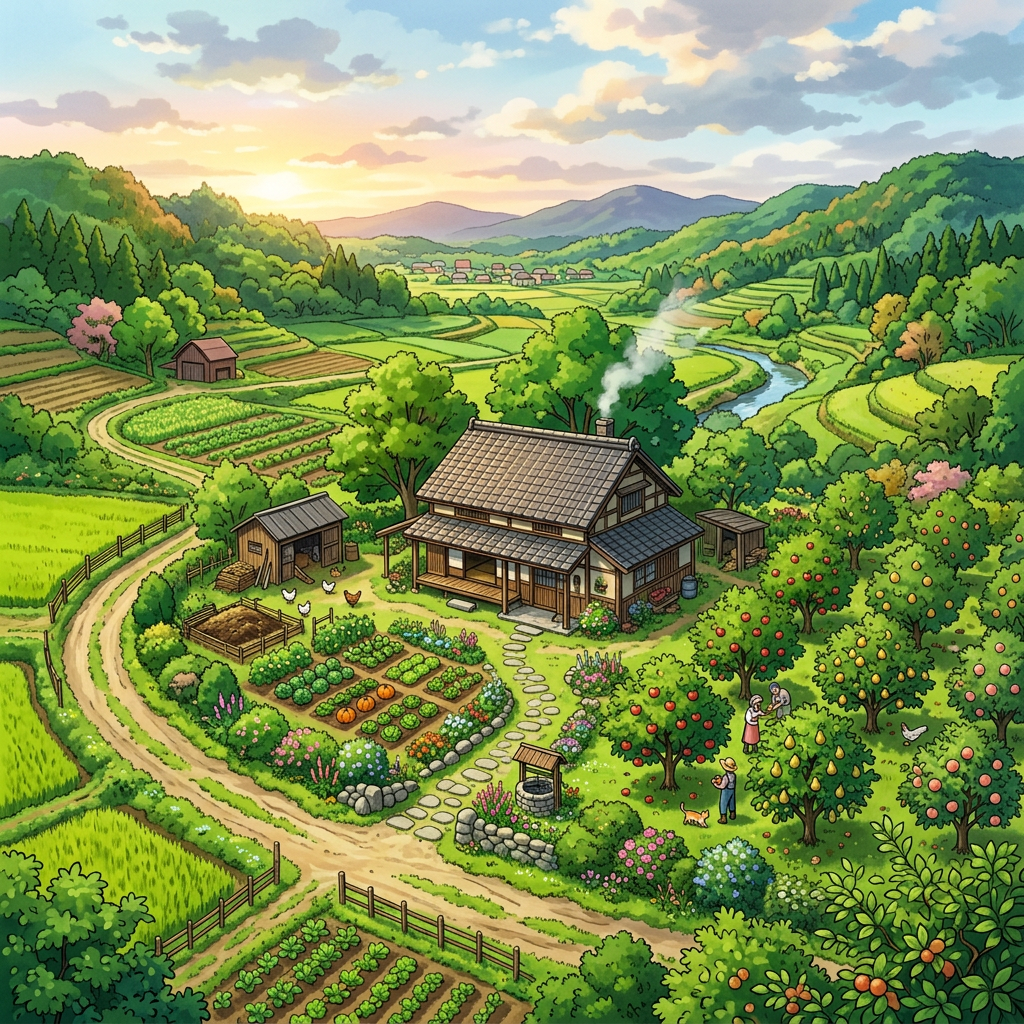 Aktualny obrazek: Farmhouse with gardens, orchards, and mountains at sunset