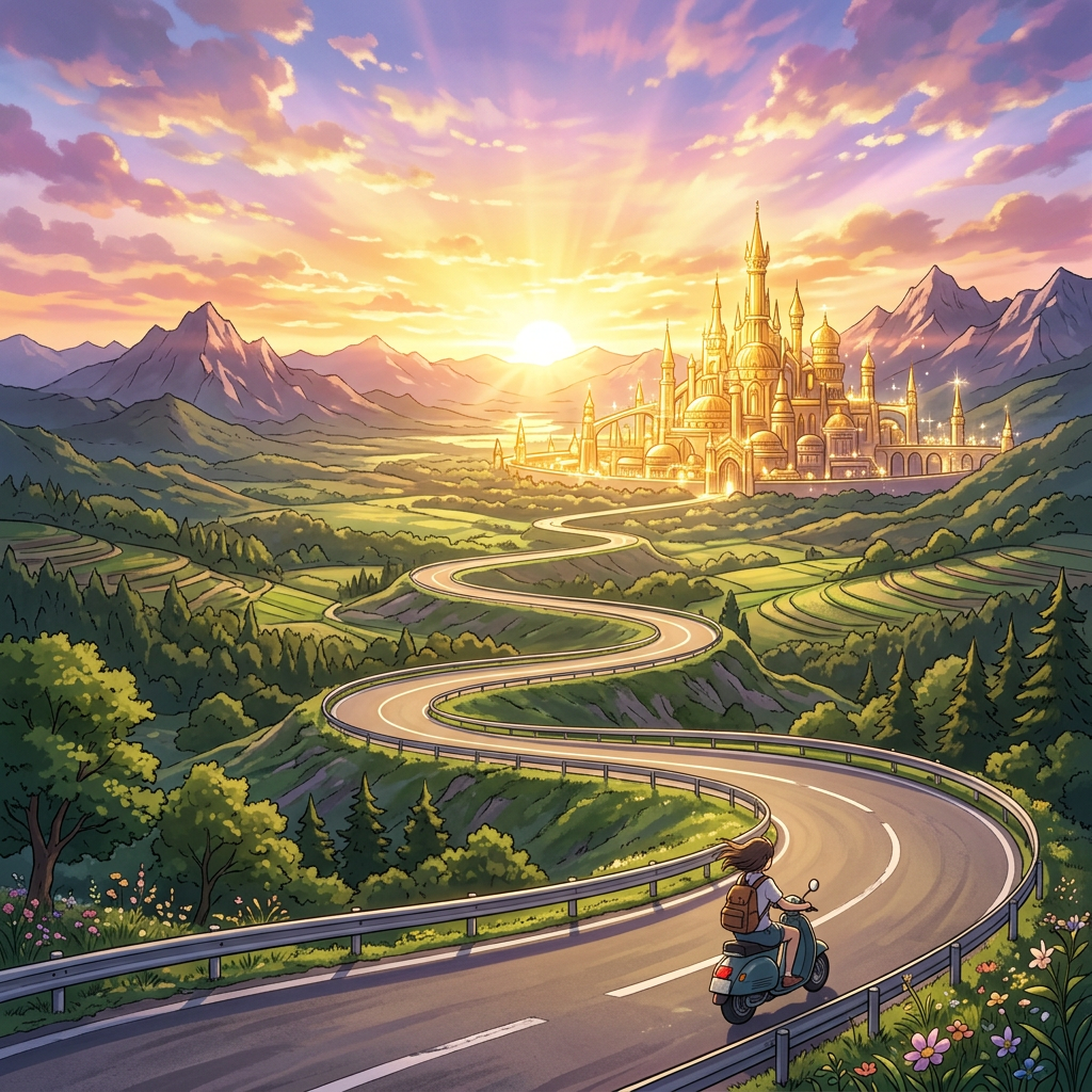 Person riding scooter on winding road toward glowing golden castle at sunset