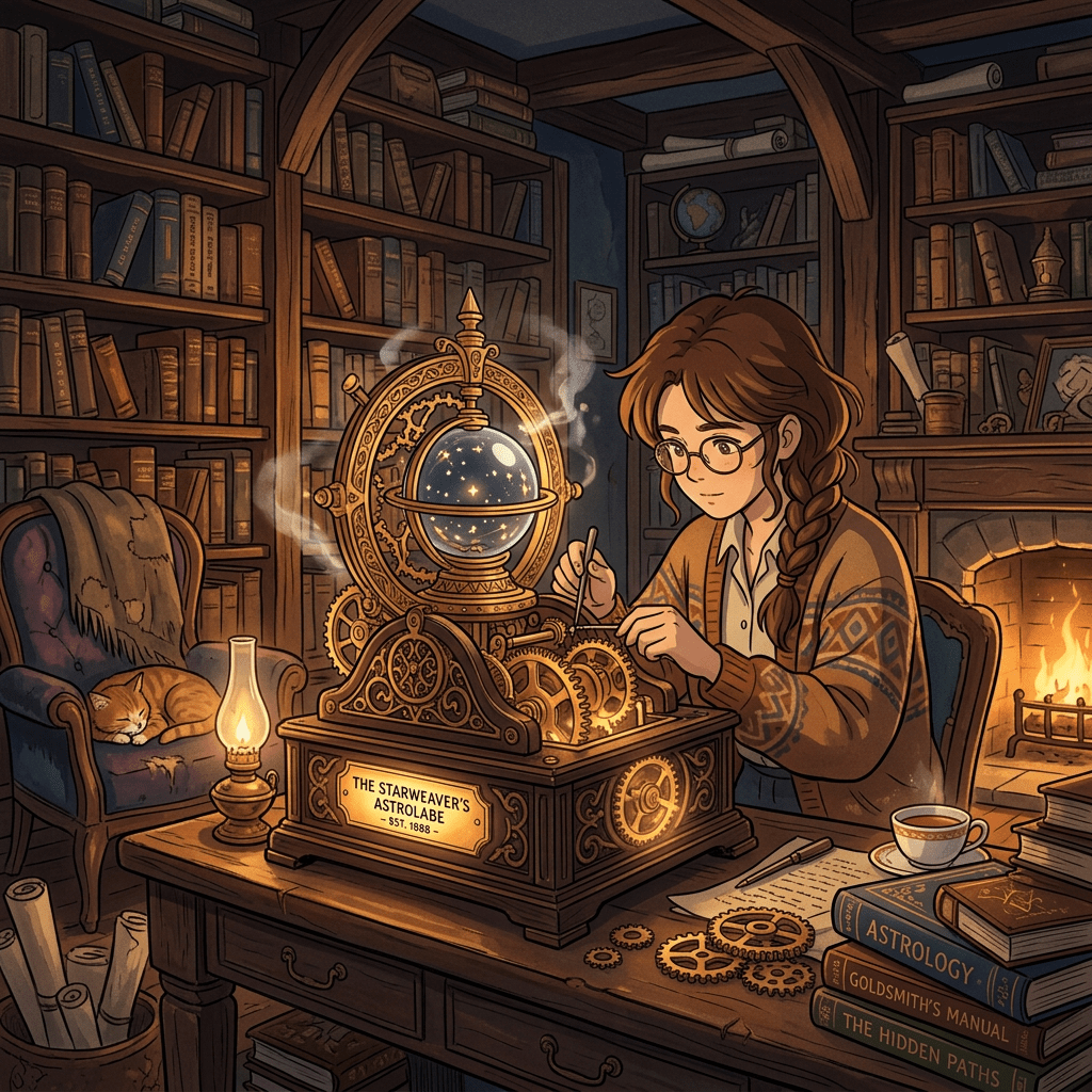 Aktualny obrazek: Young woman assembling a detailed astrolabe in a library filled with books and a fireplace