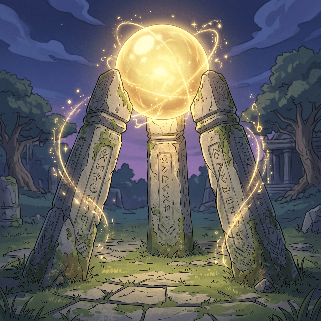 Glowing golden orb levitating above three mossy stone pillars with runes at night