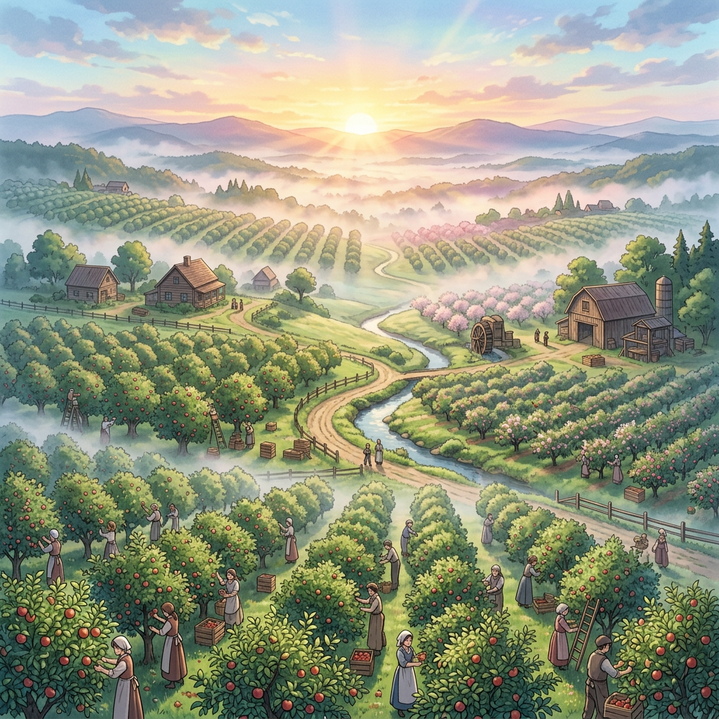 Aktualny obrazek: Many farmers picking apples in orchard rows with mist and sunrise over rolling hills