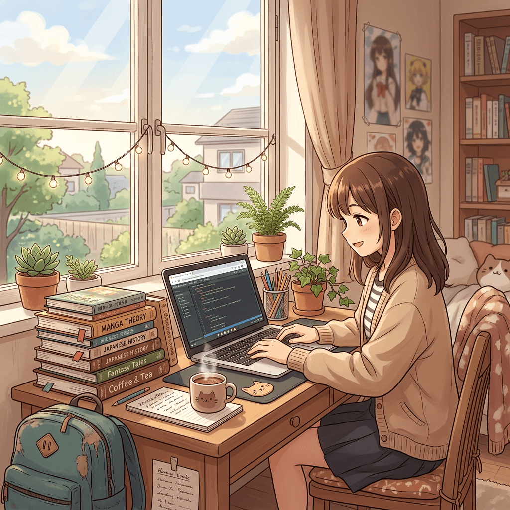Aktualny obrazek: Young woman typing code on a laptop at a desk with books and plants