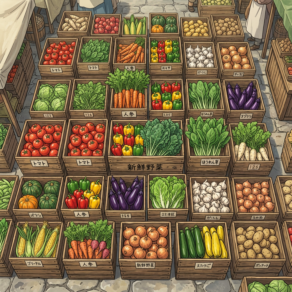 Aktualny obrazek: Wooden crates filled with tomatoes, carrots, bell peppers, leafy greens, eggplants, corn, onions, garlic, potatoes, and other fresh vegetables