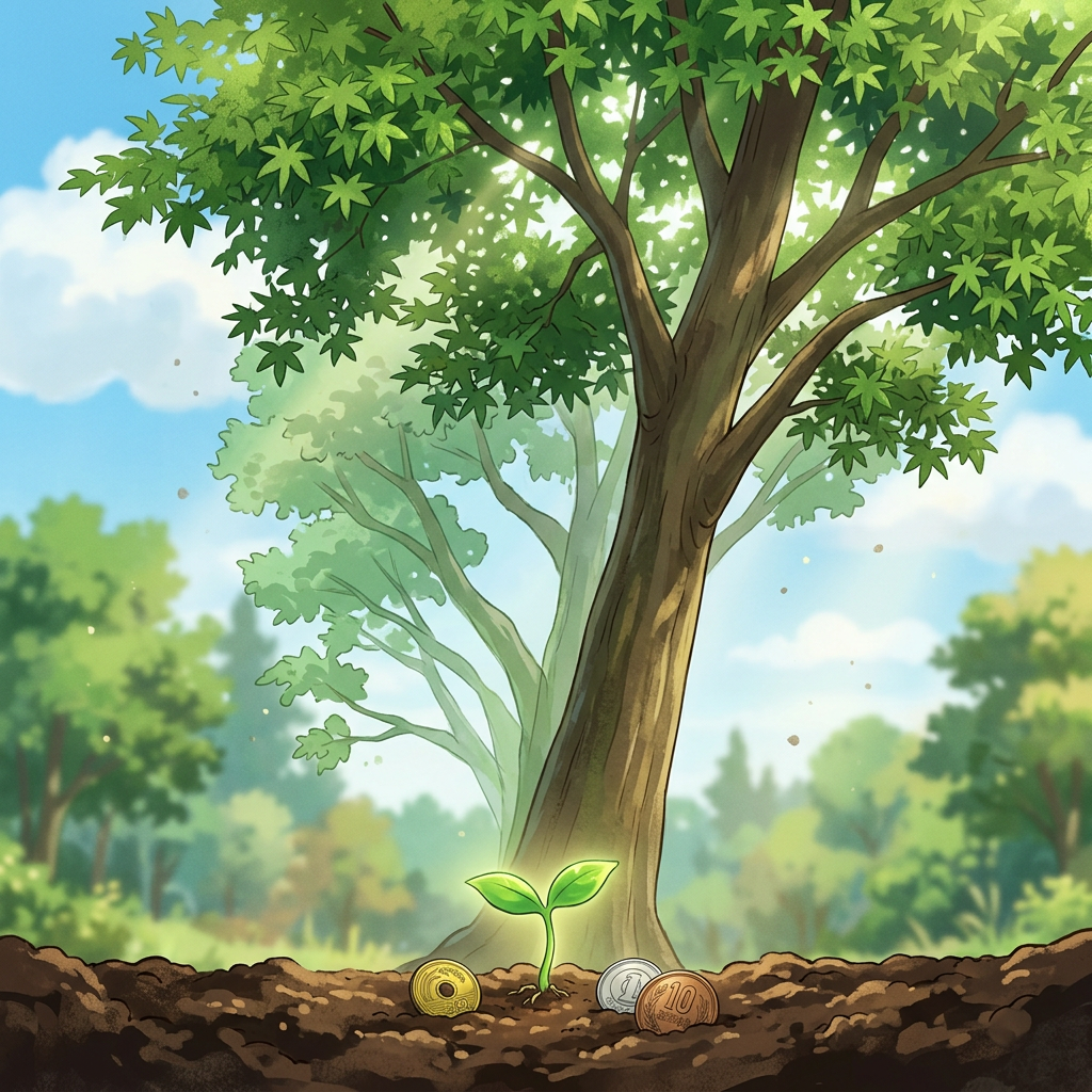 Aktualny obrazek: Small green plant sprouting from soil beside coins with large tree and forest background.