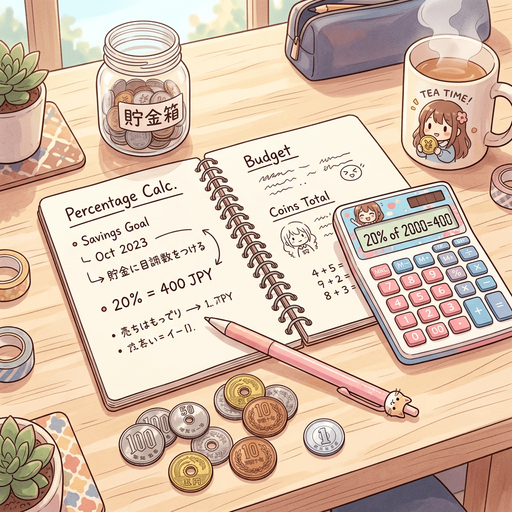 Open notebook with budget and percentage calculations, Japanese coins, cute calculator displaying 20% of 2000 equals 400, coin jar, pen, and coffee mug on wooden desk