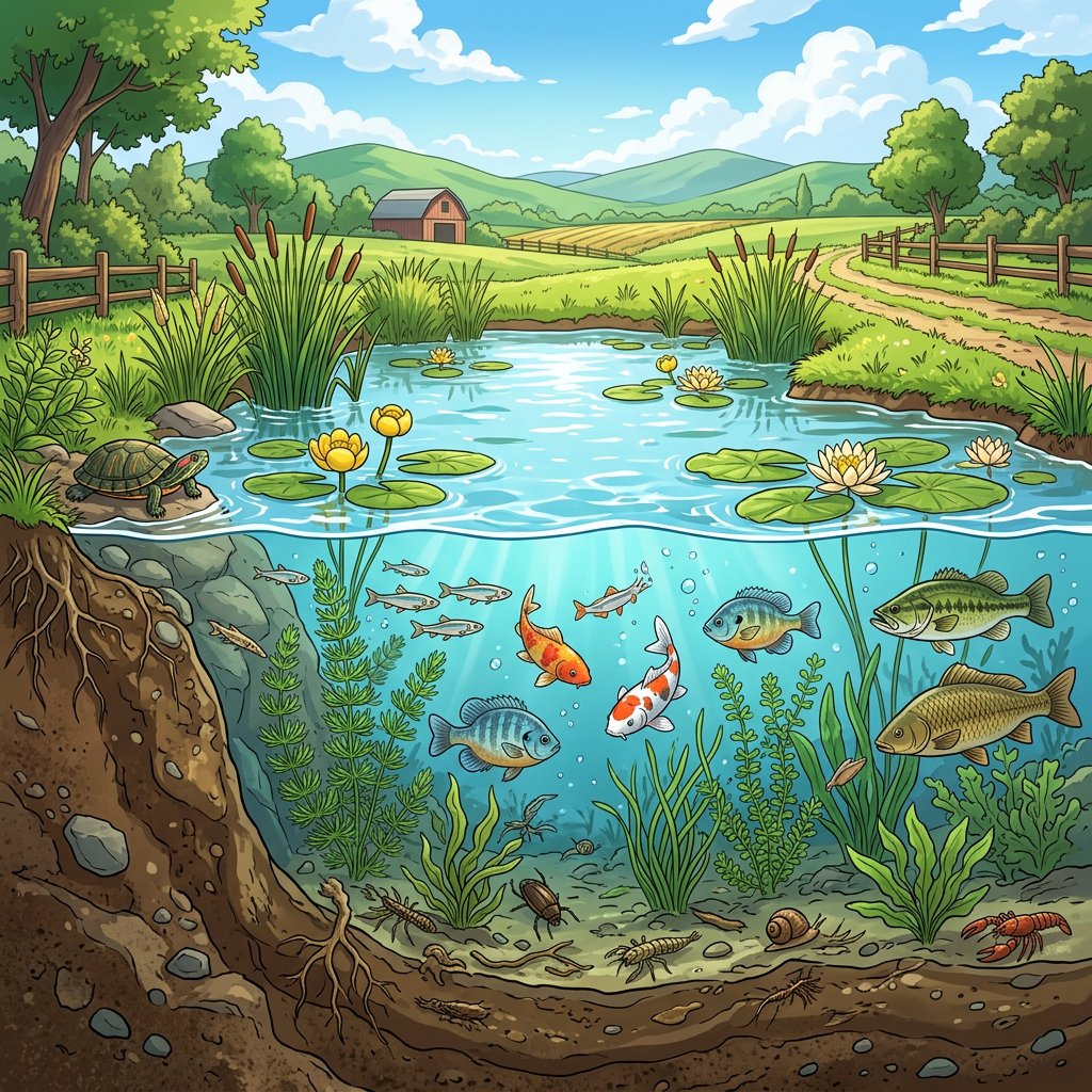 Cross-section of a pond with fish, aquatic plants, a turtle on a rock, and a barn in the background