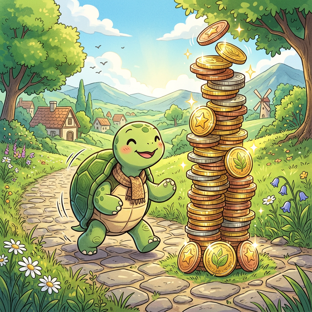 A smiling turtle with a scarf next to tall stacks of shiny coins on a cobblestone path in a green countryside.