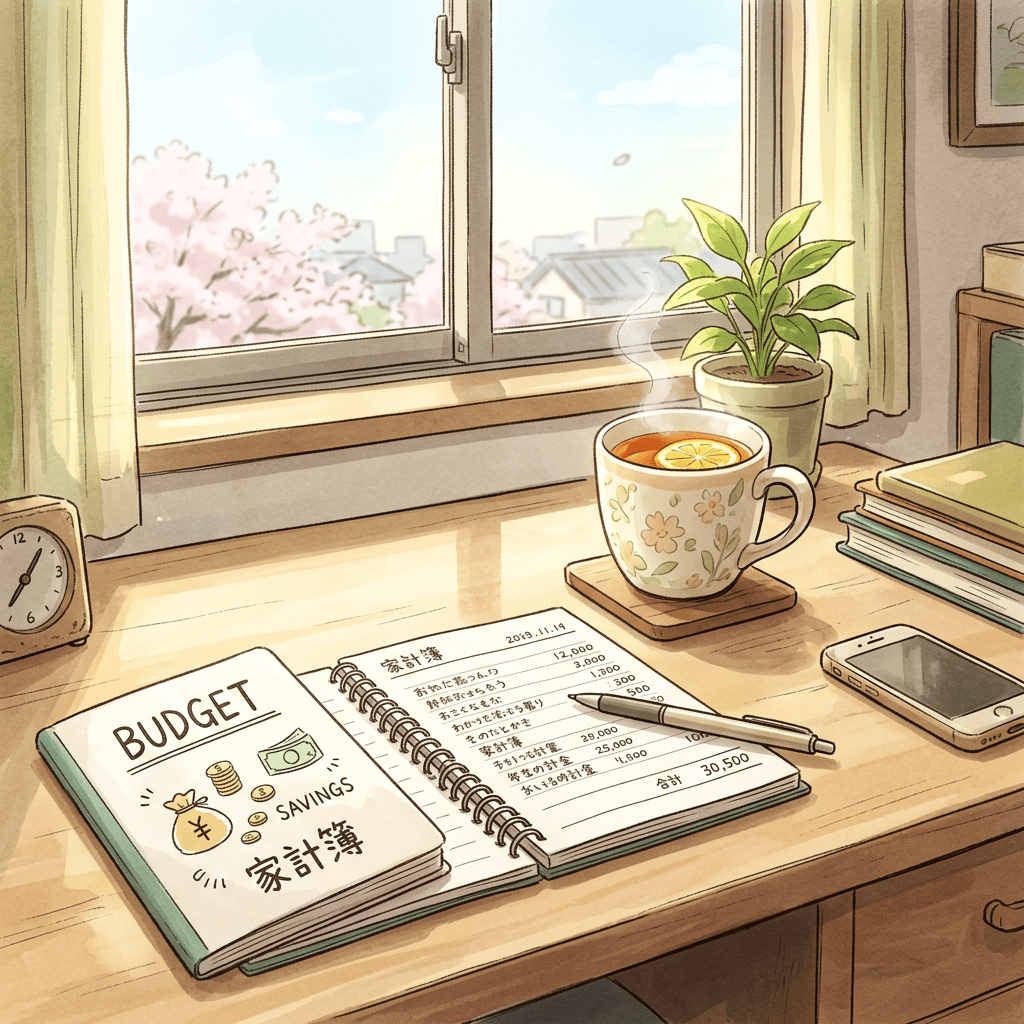 Notebook labeled budget and savings with handwritten expenses, pen, steaming cup of tea, phone, and plant on desk by window