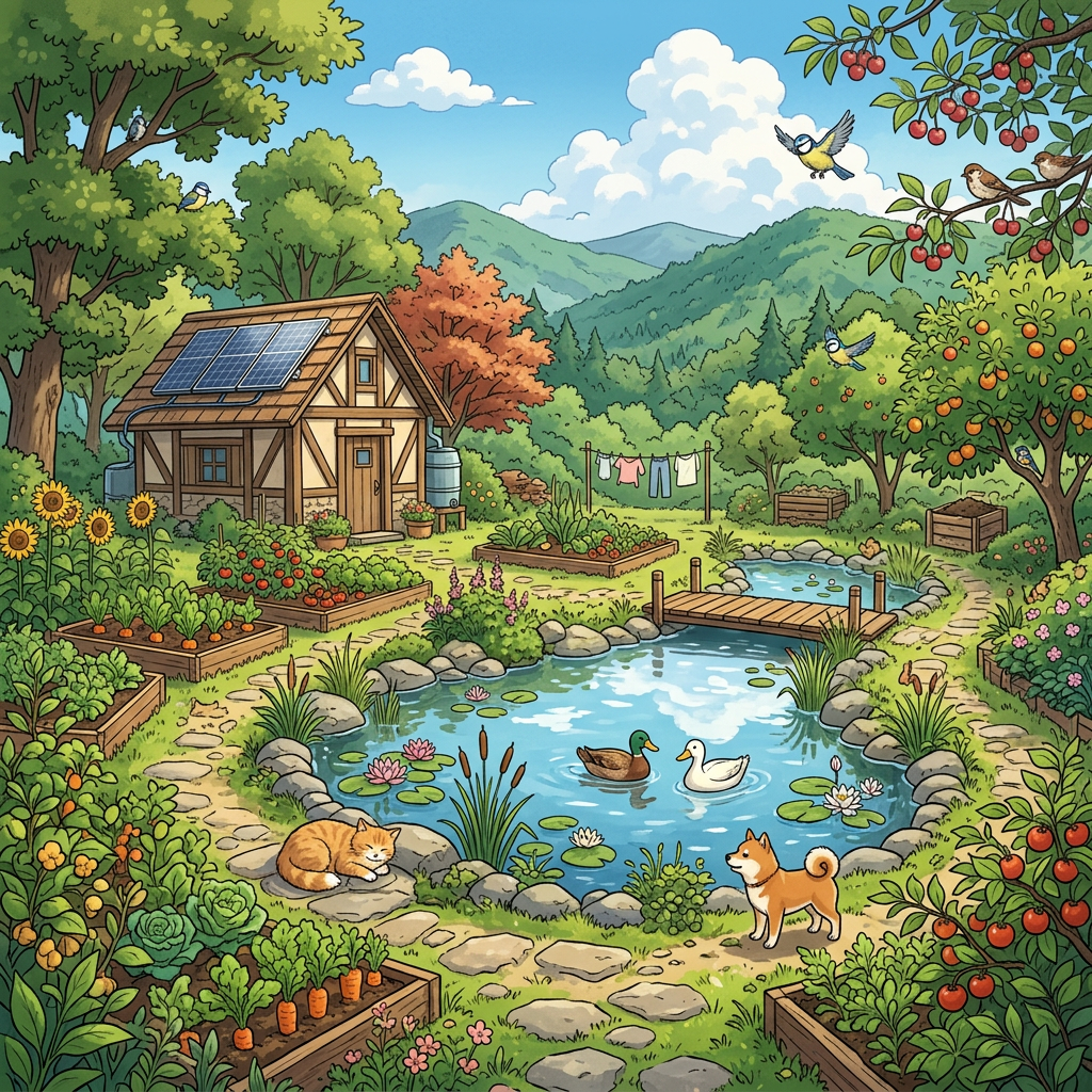 Countryside homestead with garden beds, a pond with ducks, a cat resting, and a dog standing nearby
