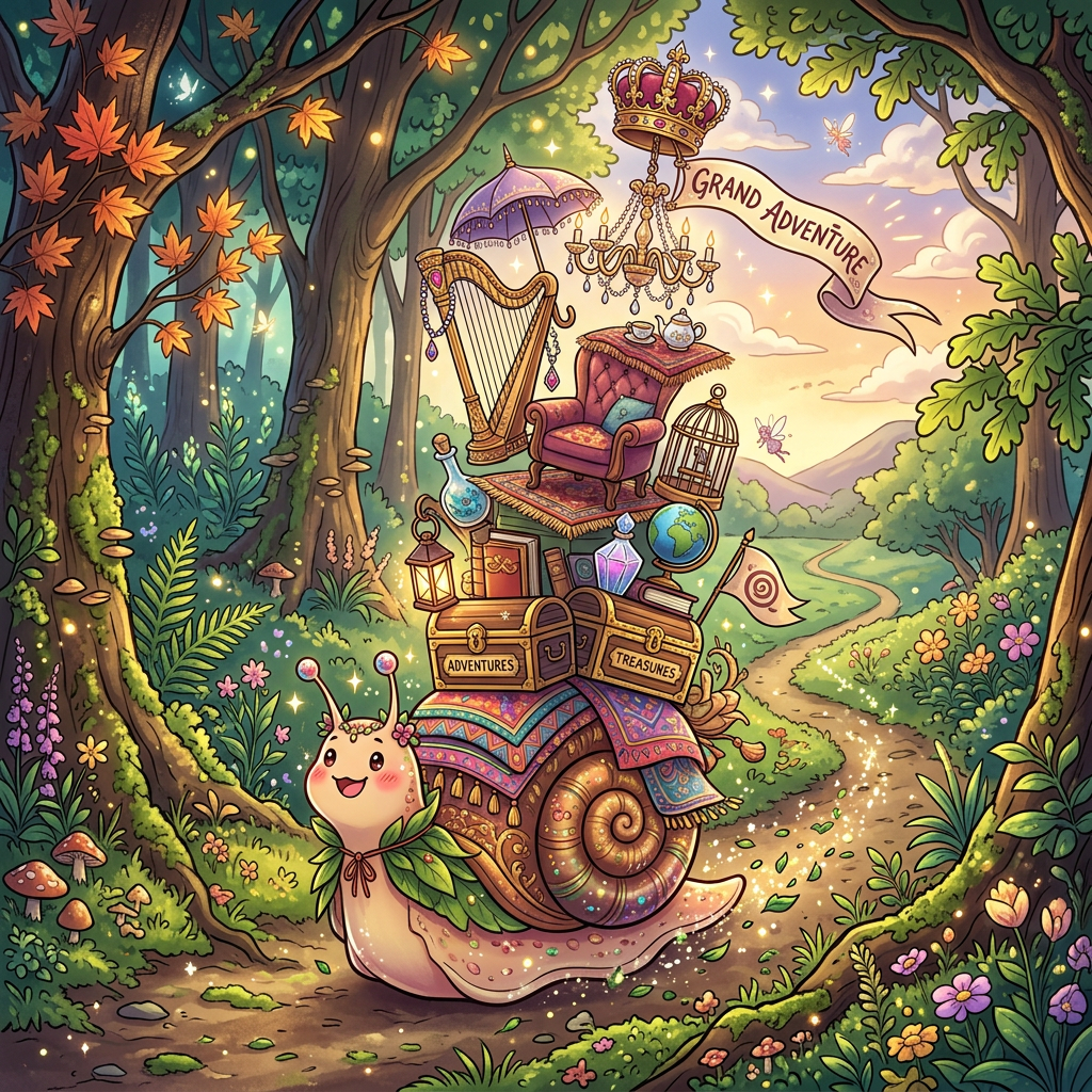Aktualny obrazek: Whimsical snail carrying ADVENTURES and TREASURES chests beneath a GRAND ADVENTURE banner