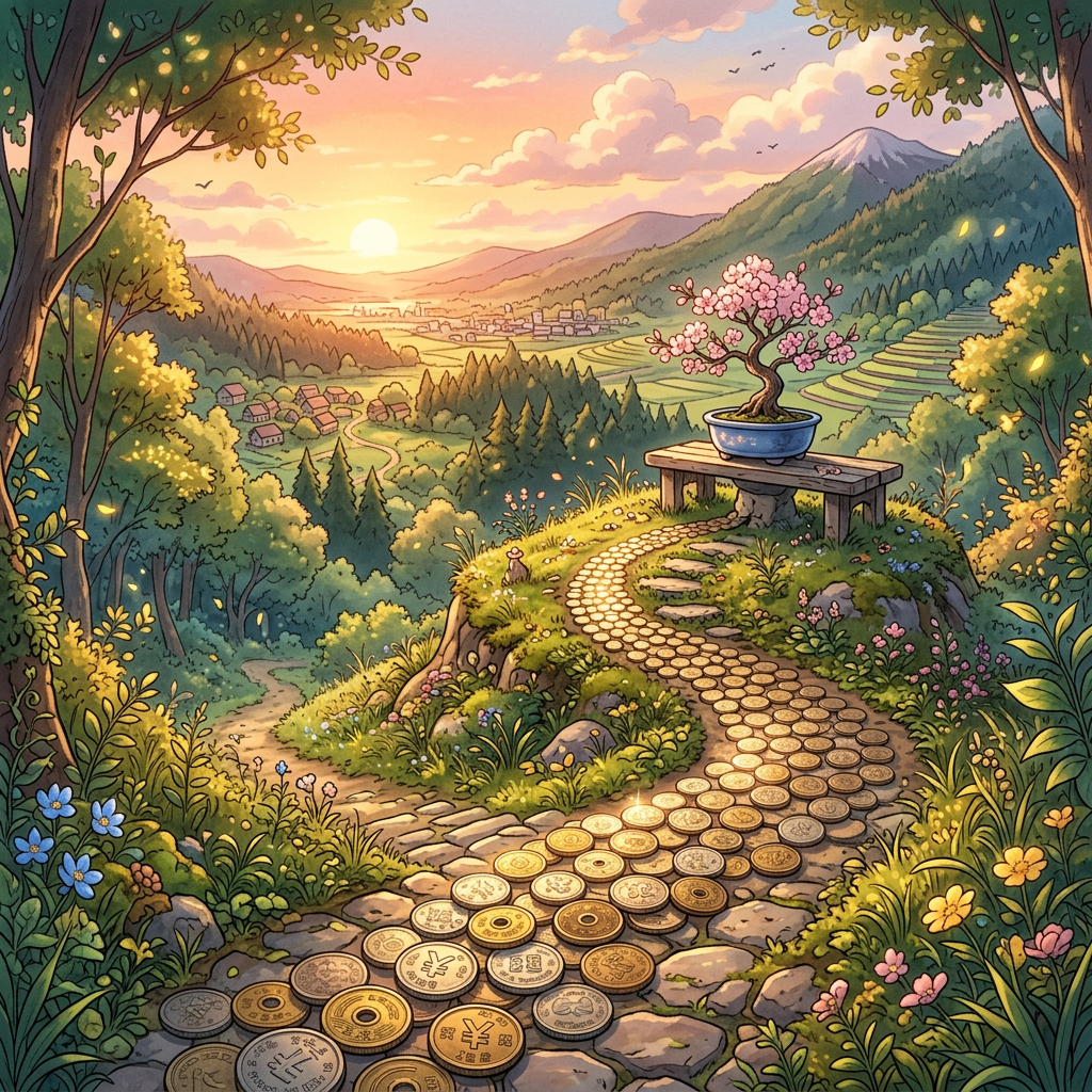 Coin-lined garden path leading to a flowering bonsai overlooking mountains