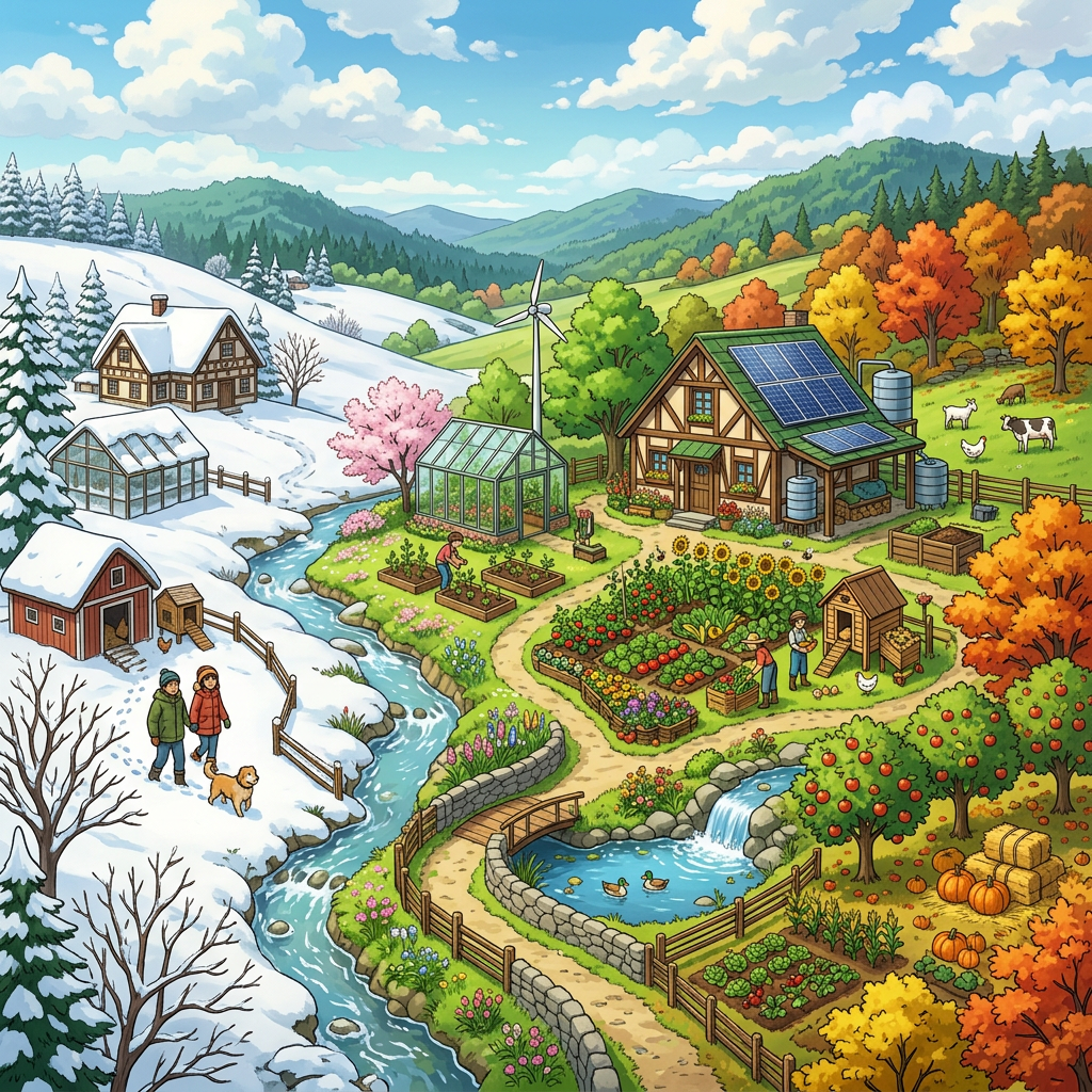 Illustrated sustainable farm spanning snowy and autumn landscapes with gardens and wind turbine
