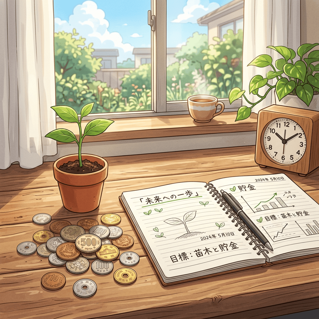 Aktualny obrazek: Notebook reading 「未来への一歩」, 「貯金」, 2024年5月10日, and 「目標:苗木と貯金」 beside coins, a seedling, coffee, and clock