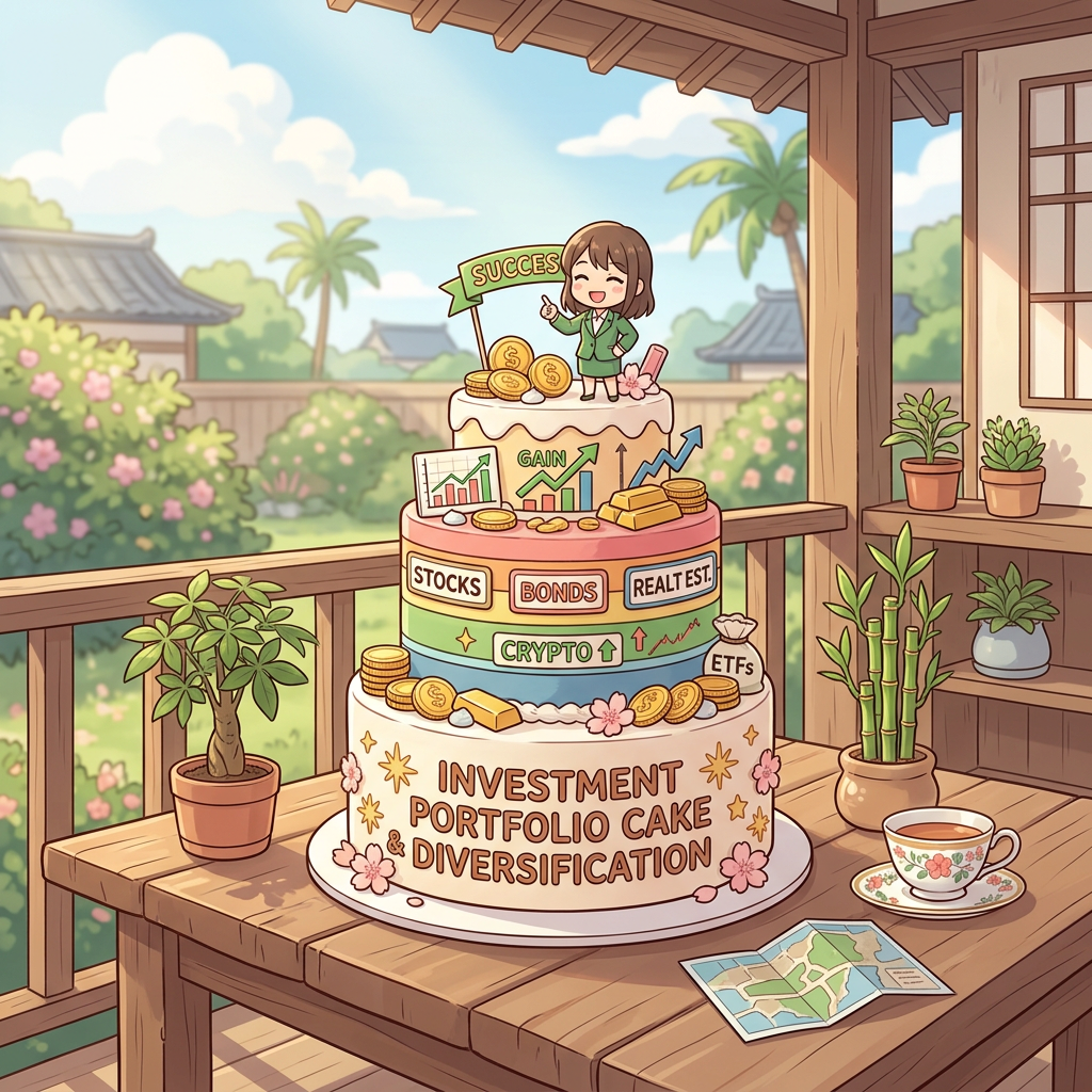 Illustrated investment cake labeled INVESTMENT PORTFOLIO CAKE DIVERSIFICATION, with STOCKS, BONDS, REAL EST., CRYPTO, ETFs, GAIN, and SUCCES text.