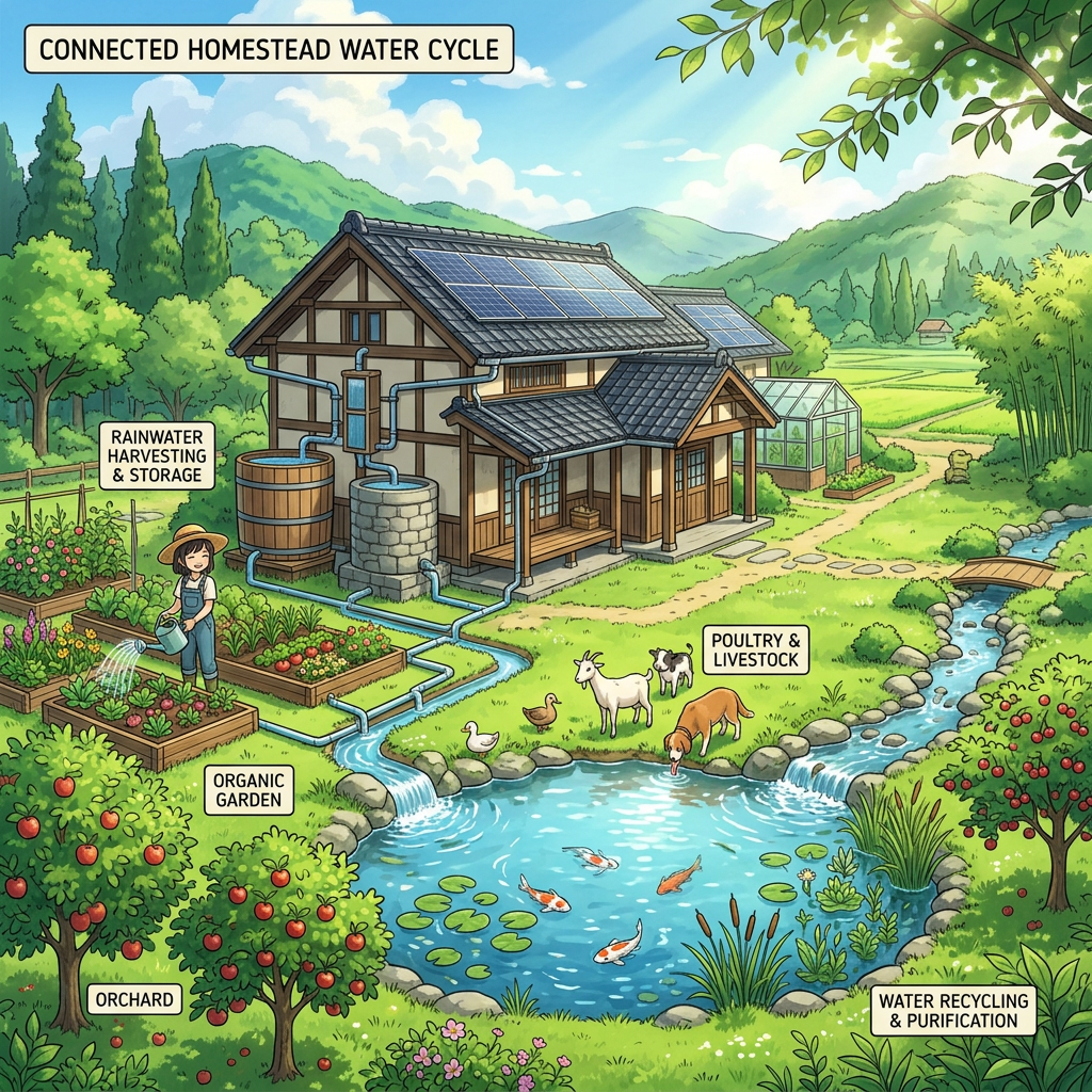 Diagram labeled CONNECTED HOMESTEAD WATER CYCLE, RAINWATER HARVESTING & STORAGE, ORGANIC GARDEN, POULTRY & LIVESTOCK, ORCHARD, and WATER RECYCLING & PURIFICATION.