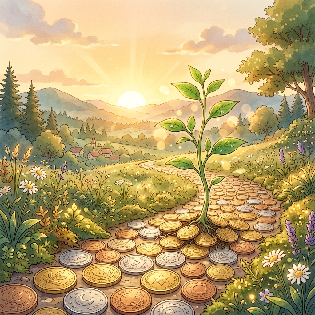 Green plant growing from a coin-covered path through a sunny countryside