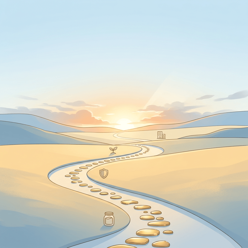 Winding path with growth, security, and destination symbols at sunrise