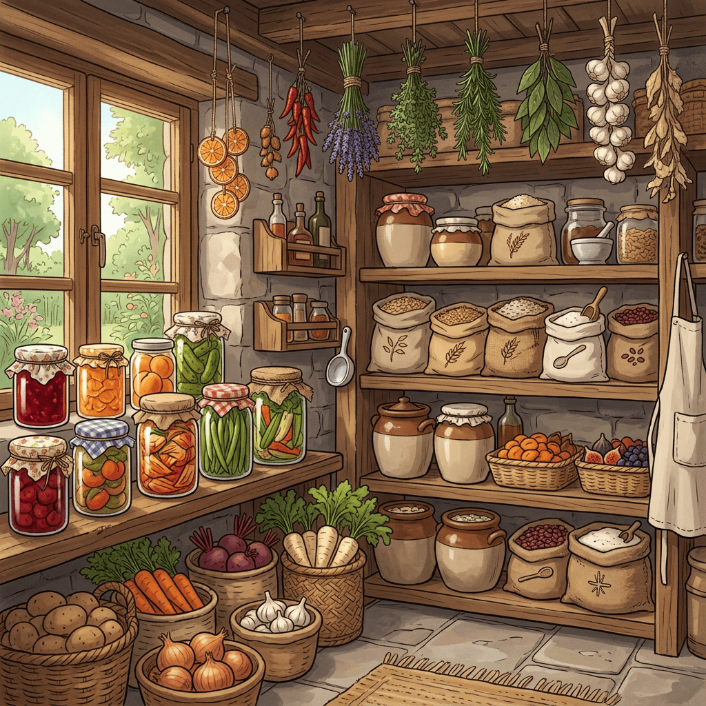 Rustic pantry with hanging herbs, preserved vegetables, grains, and fresh produce