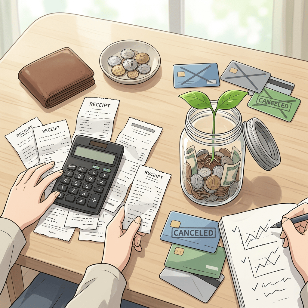 Hands calculate receipts beside a savings jar, coins, and cards marked CANCELED