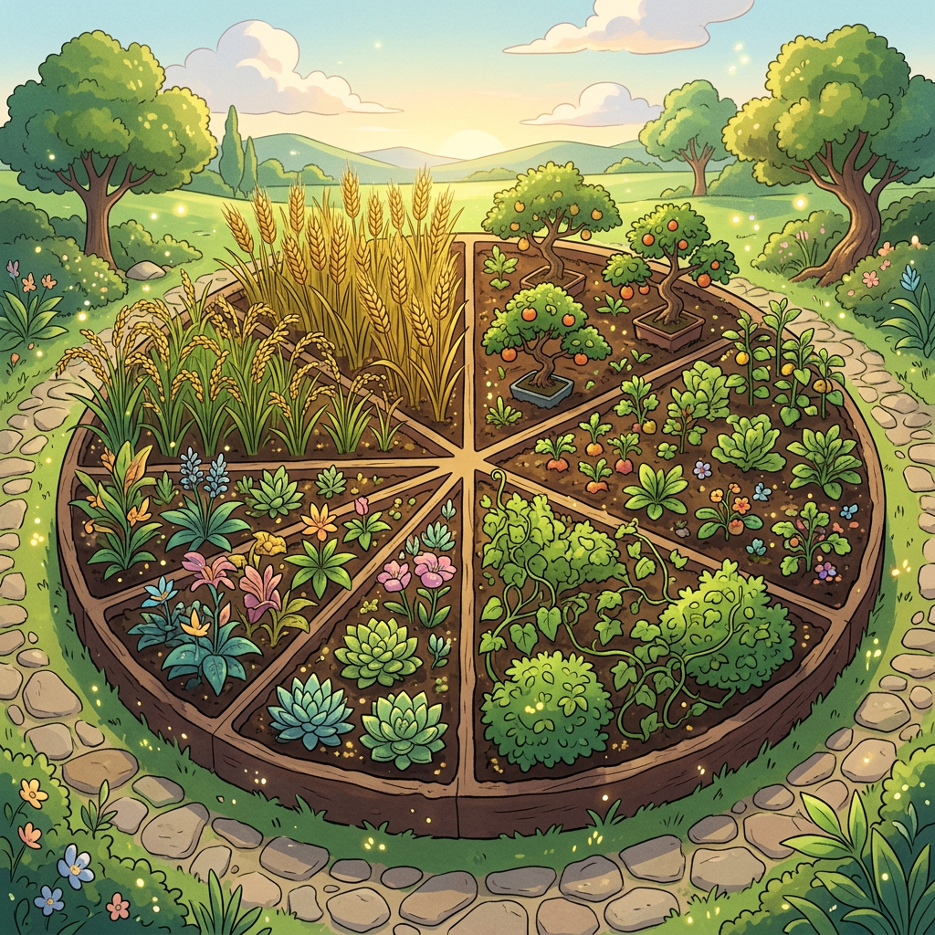 Aktualny obrazek: Circular garden with divided beds of grains, vegetables, flowers, and fruit trees