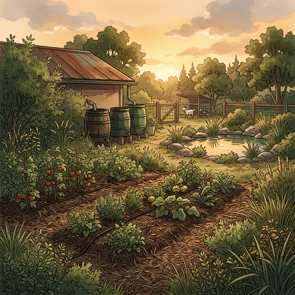 Illustrated sustainable garden with vegetables, rain barrels, pond, and goat enclosure