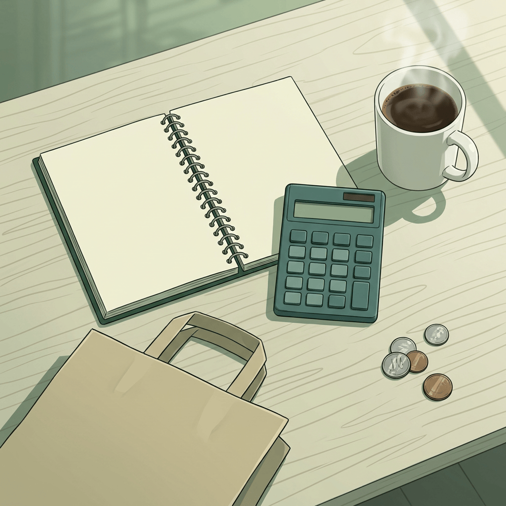 Aktualny obrazek: Open notebook, calculator, coffee mug, coins, and shopping bag on a desk